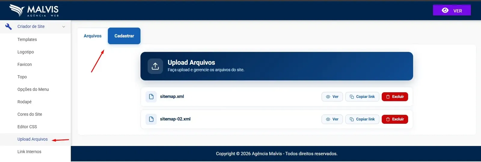Upload de Sitemap no Gerenciador da Malvis