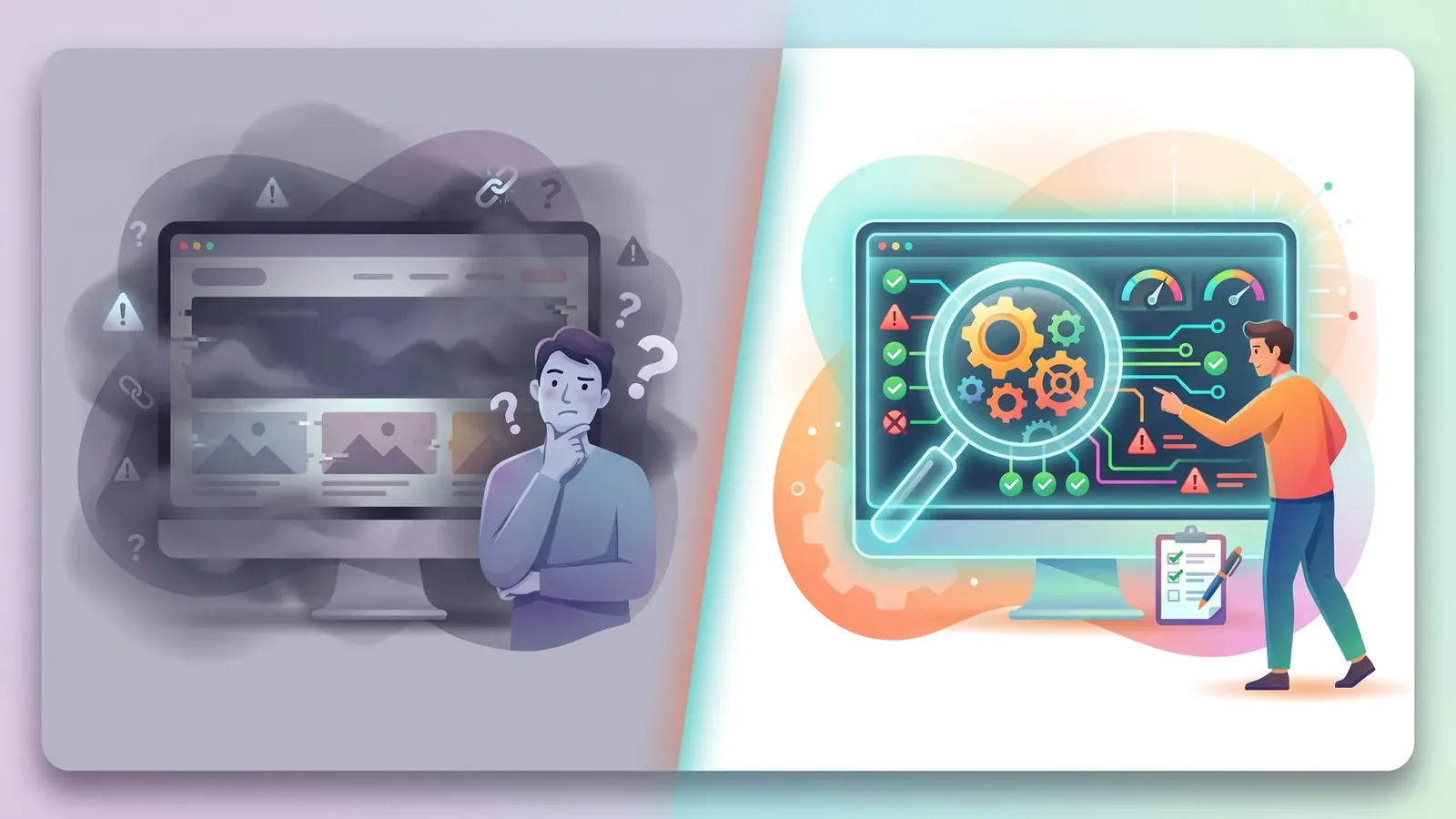 Site com problemas versus site diagnosticado por auditoria de SEO