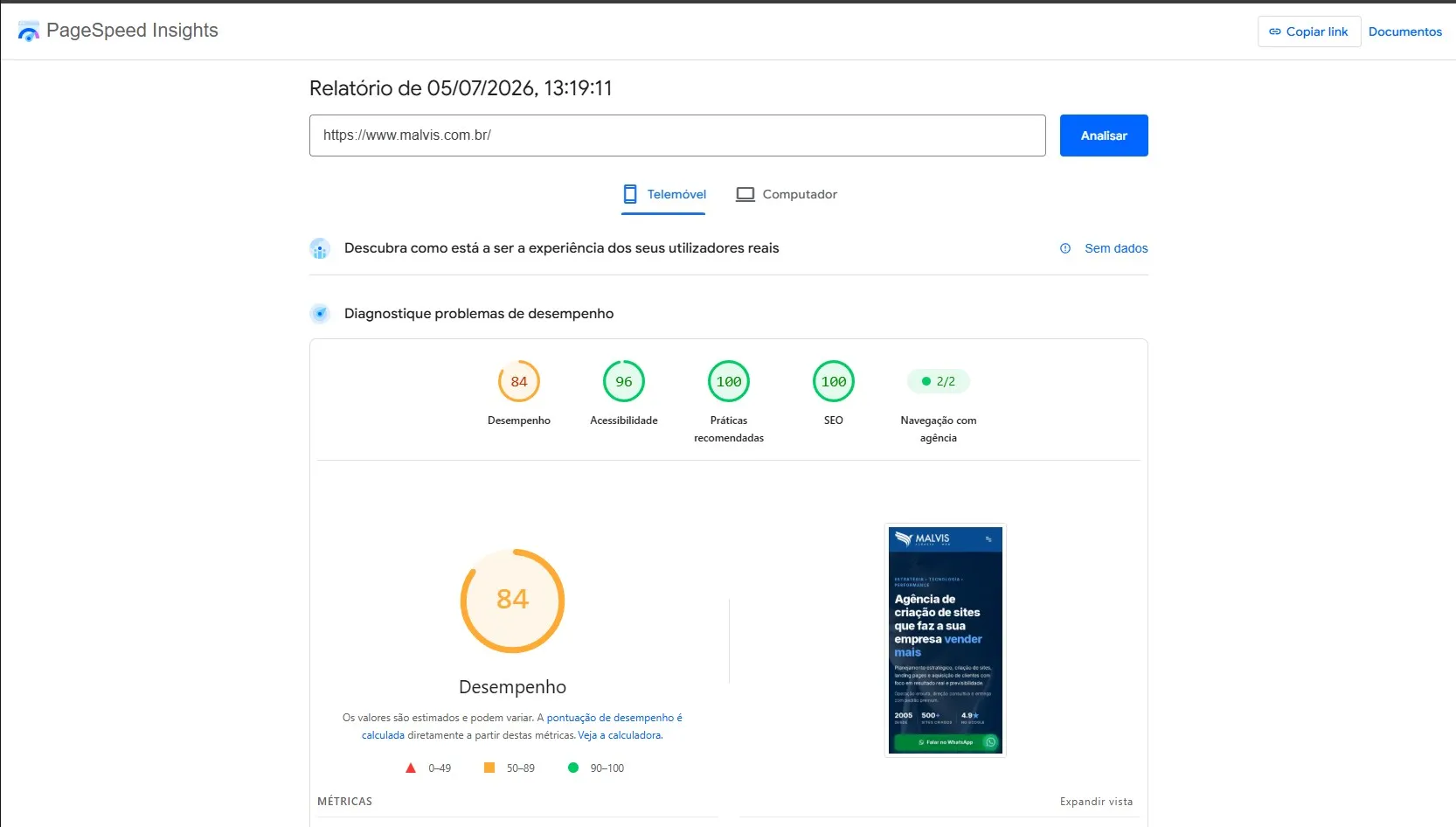 Resultado do PageSpeed Insights do site da Malvis no celular com nota 100 em SEO