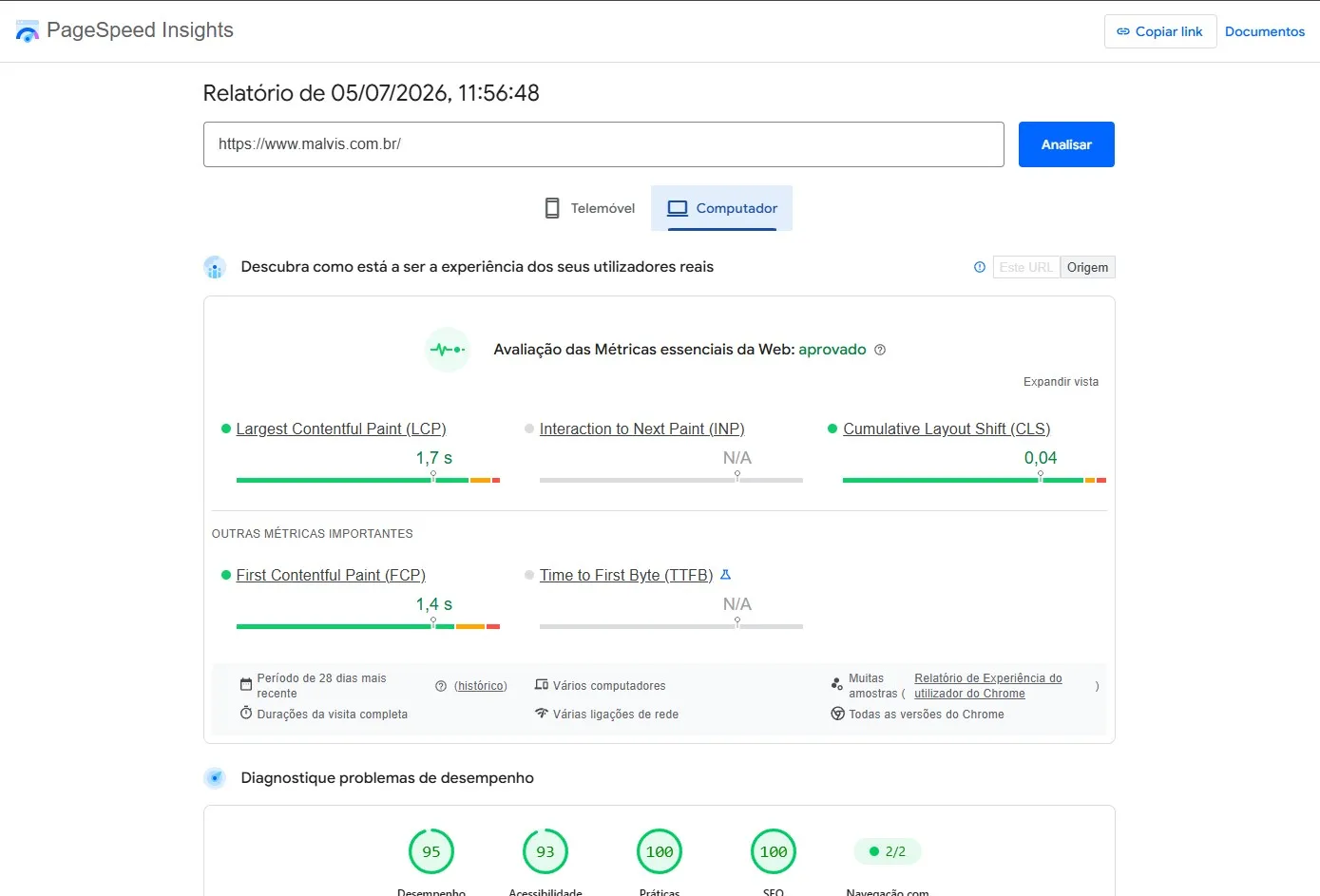 Resultado do PageSpeed Insights do site da Malvis no computador com métricas aprovadas