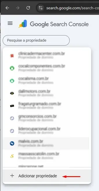 Tela do Google Search Console com a opção de adicionar propriedade