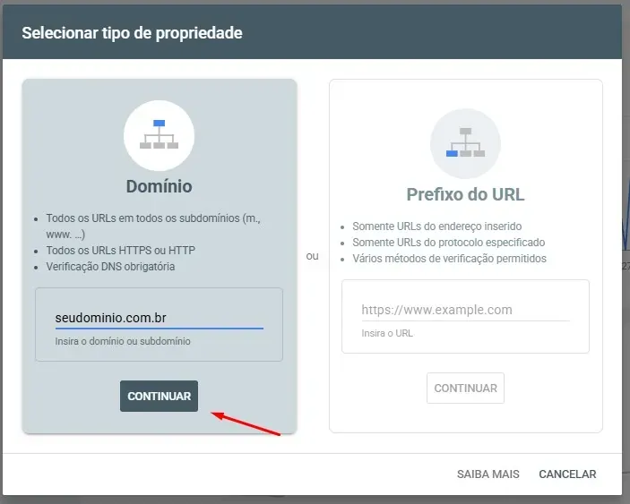 Seleção do tipo de propriedade no Search Console, Domínio ou Prefixo do URL