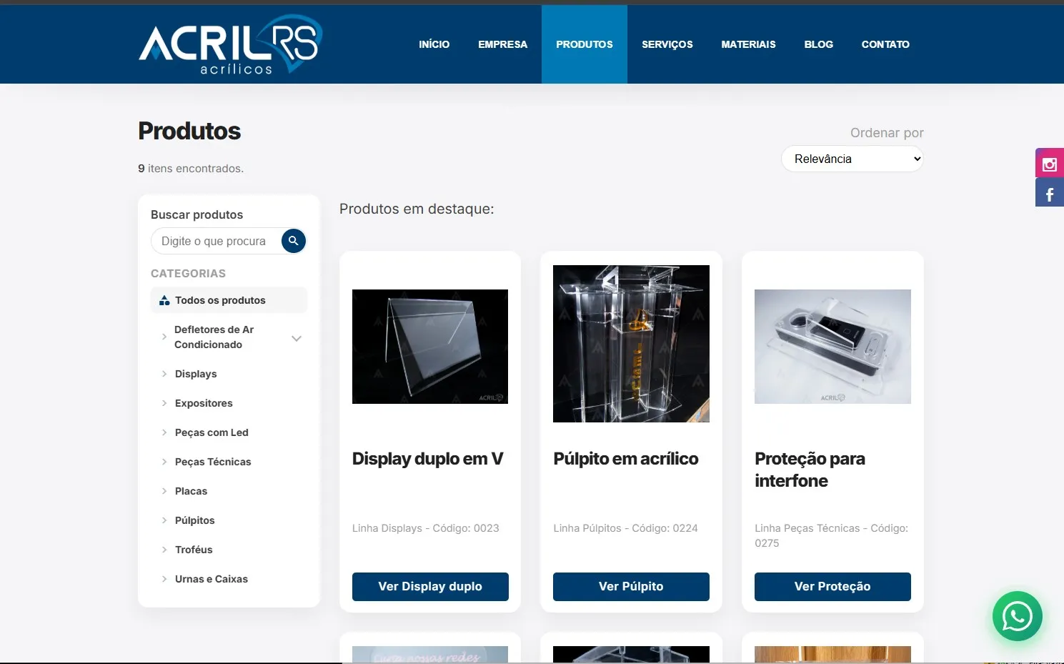 Exemplo de catálogo de produtos publicado no site, com a busca, a lista de categorias na lateral e os produtos em destaque em cards
