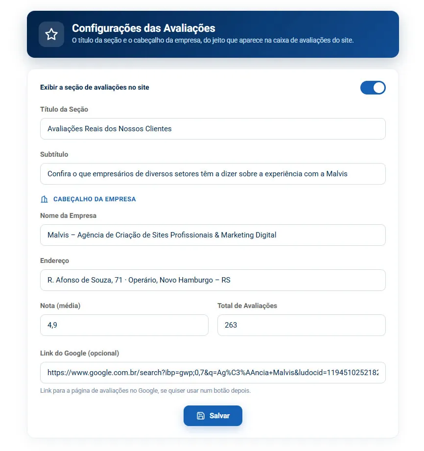 Configurações das Avaliações, com título da seção, subtítulo, nome da empresa, endereço, nota média, total de avaliações e o link do Google