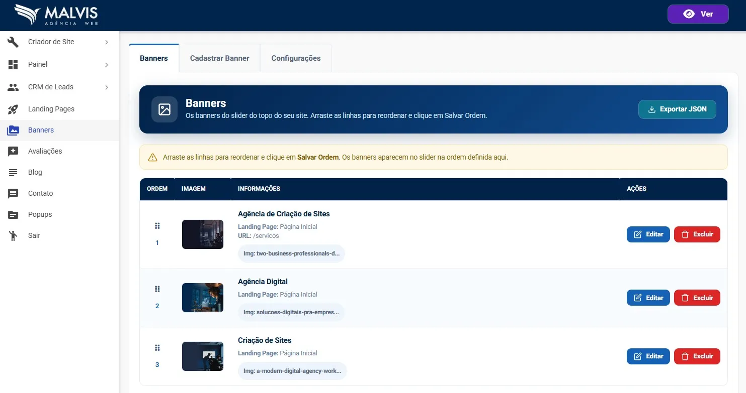 Gerenciador de Banners Malvis, com a lista de banners cadastrados mostrando imagem, título, landing page e os botões Editar e Excluir
