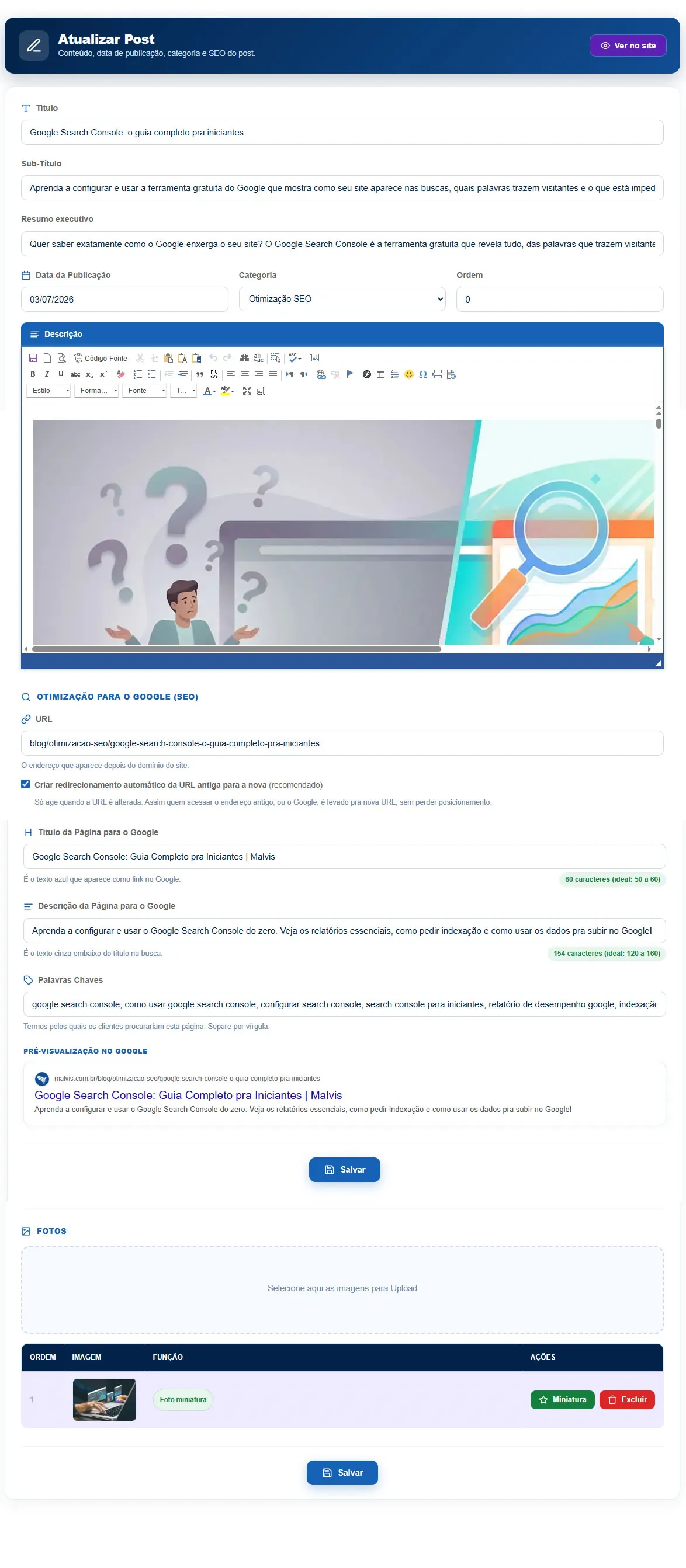 Formulário de post do blog, com título, subtítulo, resumo executivo, data de publicação, categoria, o editor de descrição, a seção de SEO e o upload de foto