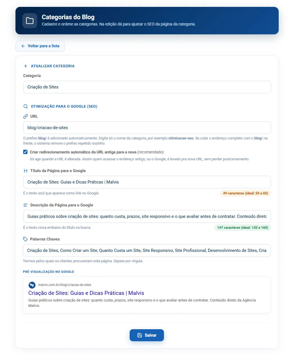 Formulário de cadastro de categoria do blog, com nome, URL, e os campos de SEO com pré-visualização no Google