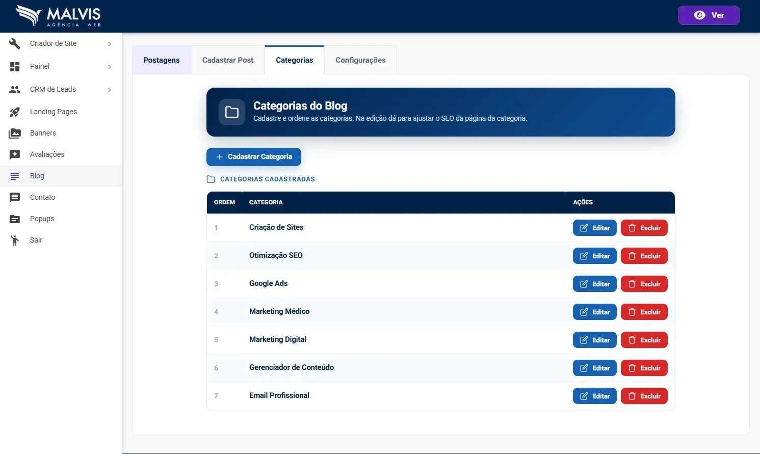 Tela de Categorias do Blog, com a lista de categorias cadastradas e os botões Editar e Excluir, mais o botão Cadastrar Categoria