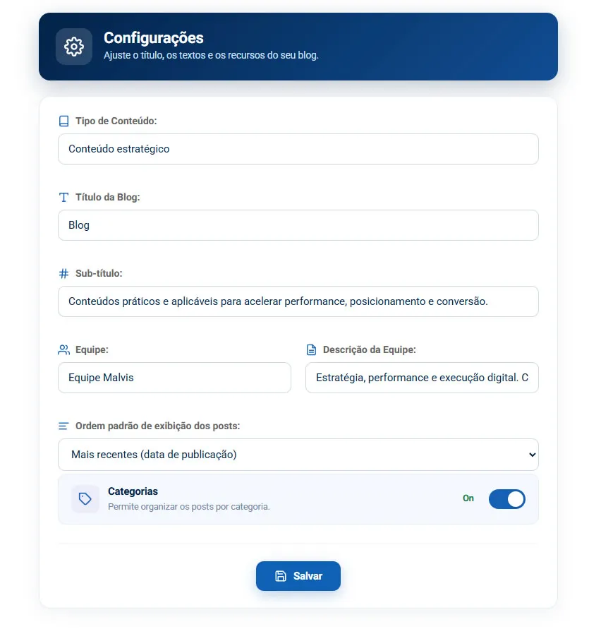 Configurações do Blog, com tipo de conteúdo, título, subtítulo, equipe, descrição da equipe, ordem padrão dos posts e a chave de categorias