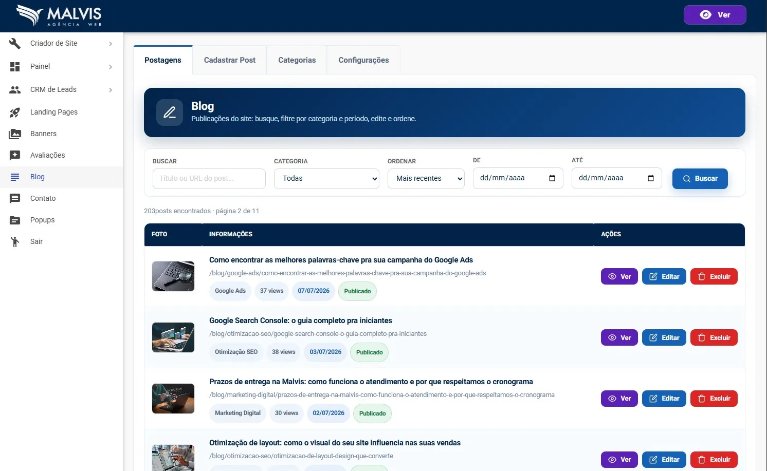 Gerenciador de Blog Malvis, com os filtros no topo e a lista de postagens mostrando foto, título, URL, categoria, views, data e status