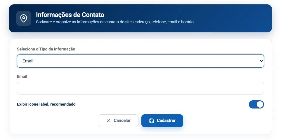 Formulário de cadastro de informação de contato, com o seletor do tipo, o campo do valor e a chave de exibir ícone