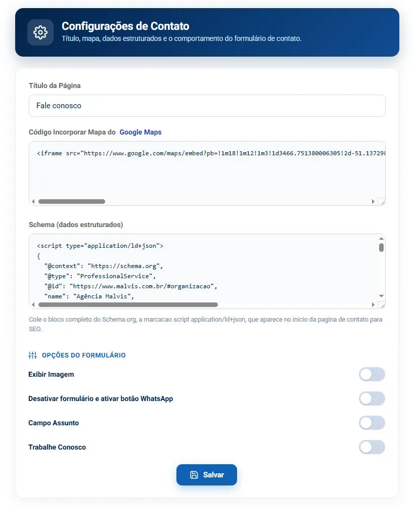 Configurações de Contato, com título da página, código do Google Maps, campo de schema e as chaves de opções do formulário