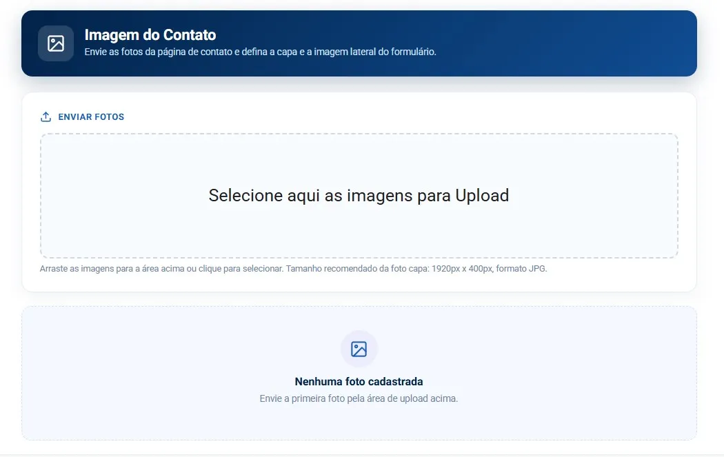 Aba Imagem do gerenciador de Contato, com a área de upload da foto de capa e a indicação do tamanho recomendado
