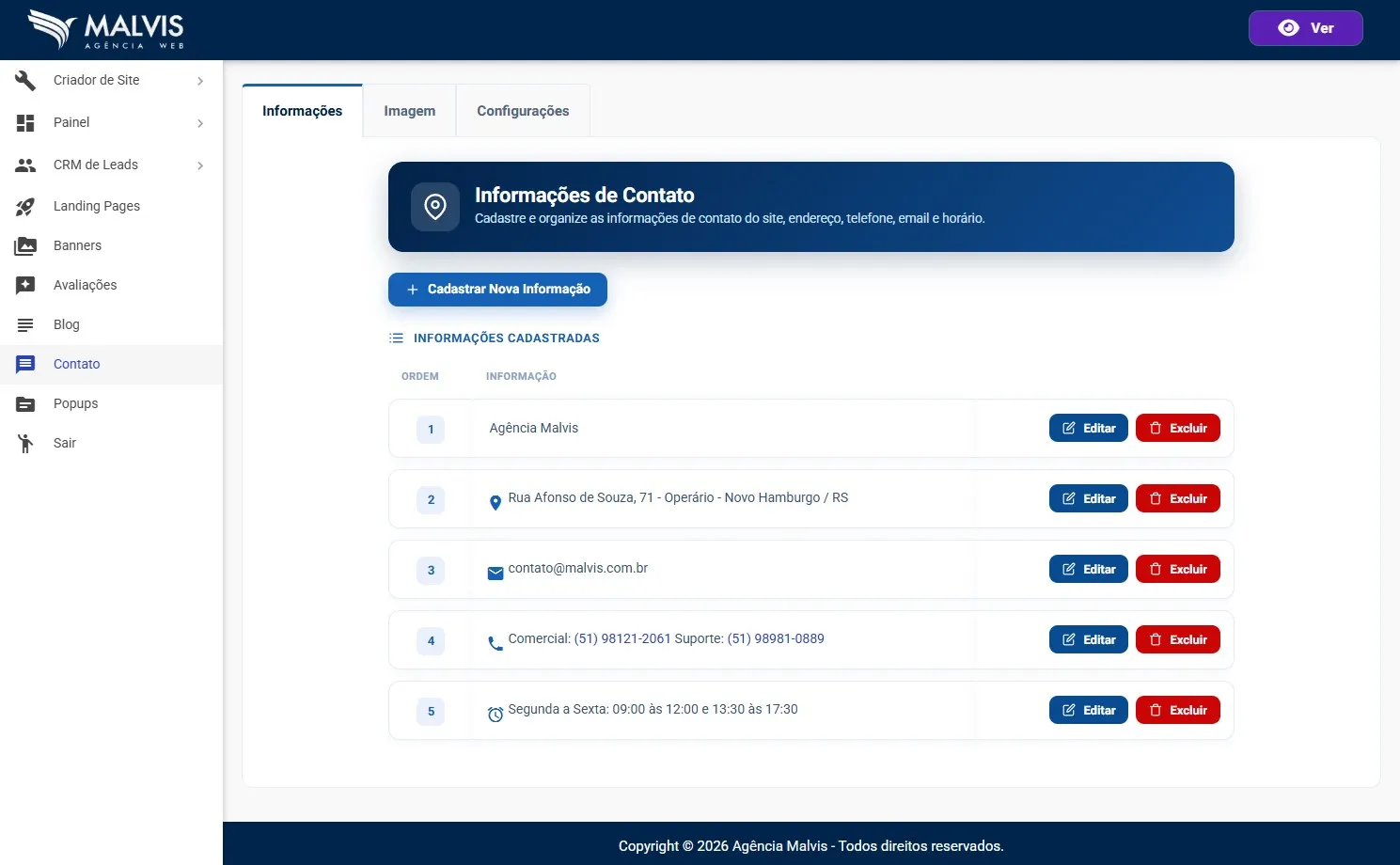 Gerenciador de Contato Malvis, com a lista de informações cadastradas (empresa, endereço, e-mail, telefones e horário) e os botões Editar e Excluir