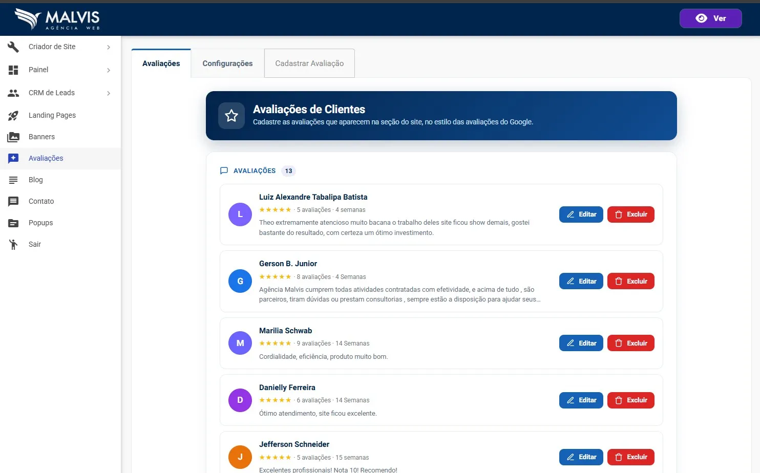 Gerenciador de Avaliações de Clientes no Criador de Sites Malvis, com a lista de avaliações cadastradas e os botões Editar e Excluir em cada uma