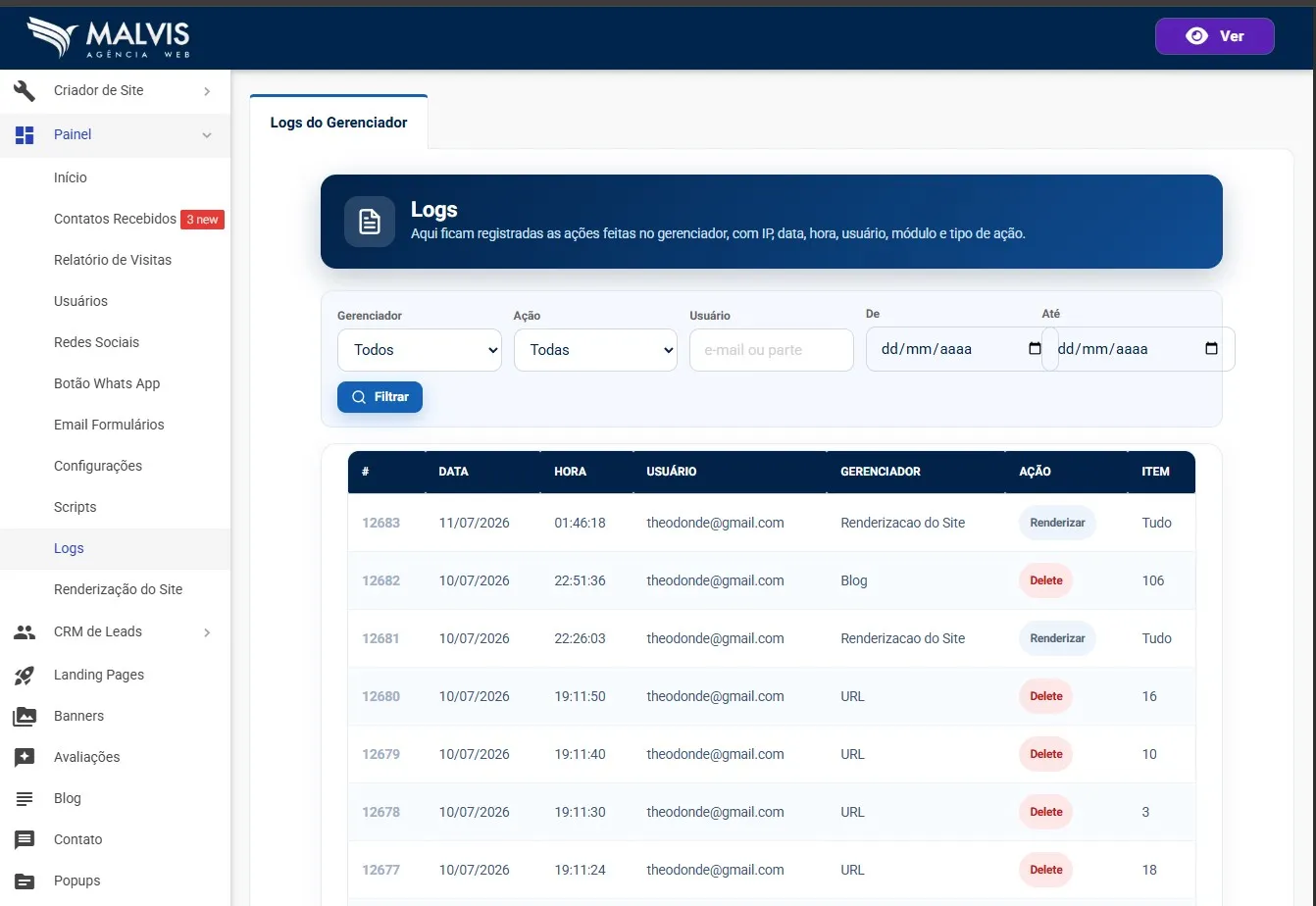 Tela de Logs do Gerenciador Malvis, com os filtros no topo e a tabela de registros mostrando data, hora, usuário, gerenciador, ação e item
