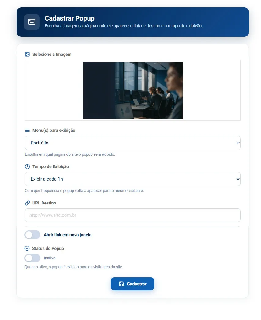 Formulário Cadastrar Popup, com a seleção da imagem, o menu de exibição, o tempo de exibição, a URL de destino e o status do popup