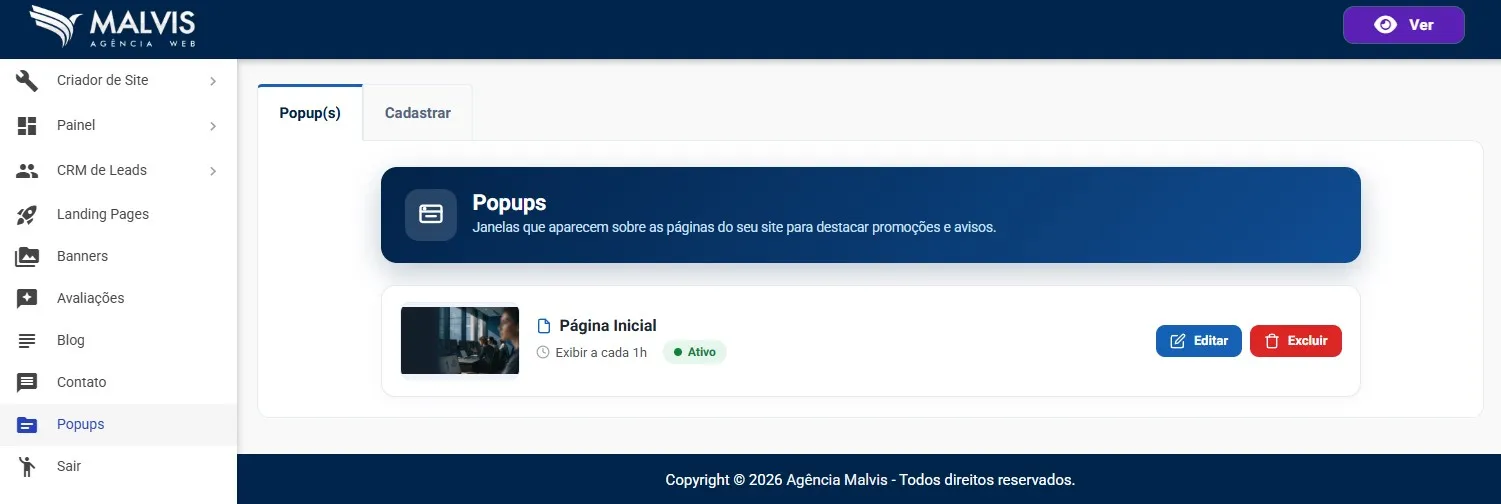 Gerenciador de Popups Malvis, com a lista de popups cadastrados mostrando a imagem, a página, a frequência e o status, com os botões Editar e Excluir