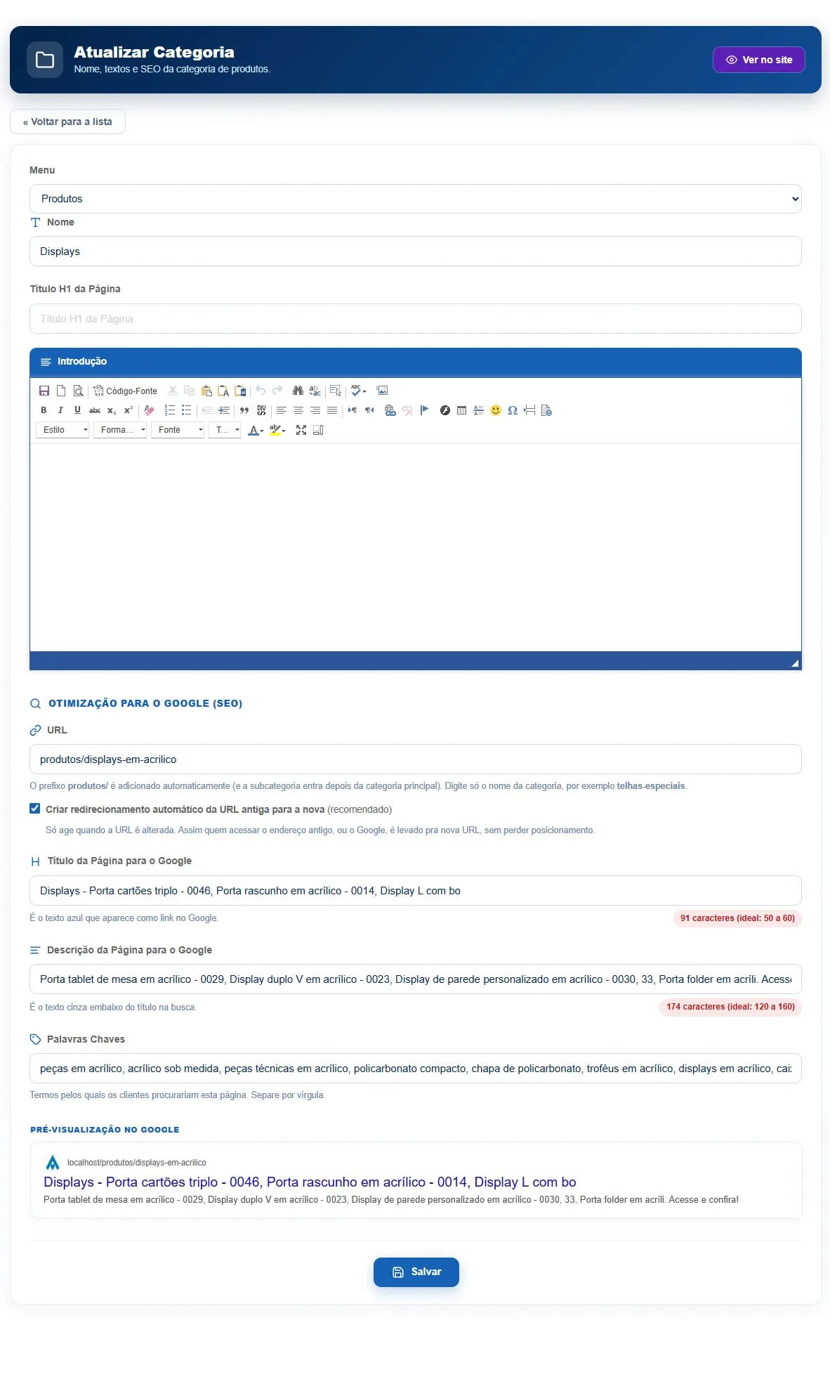 Formulário de cadastro de categoria de produtos, com menu, nome, título H1, introdução, URL e os campos de SEO