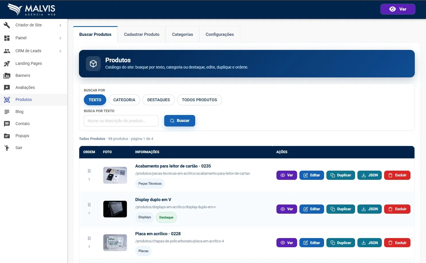 Gerenciador de Produtos Malvis, com os filtros de busca no topo e a lista de produtos mostrando foto, nome, URL, categoria e os botões de ação