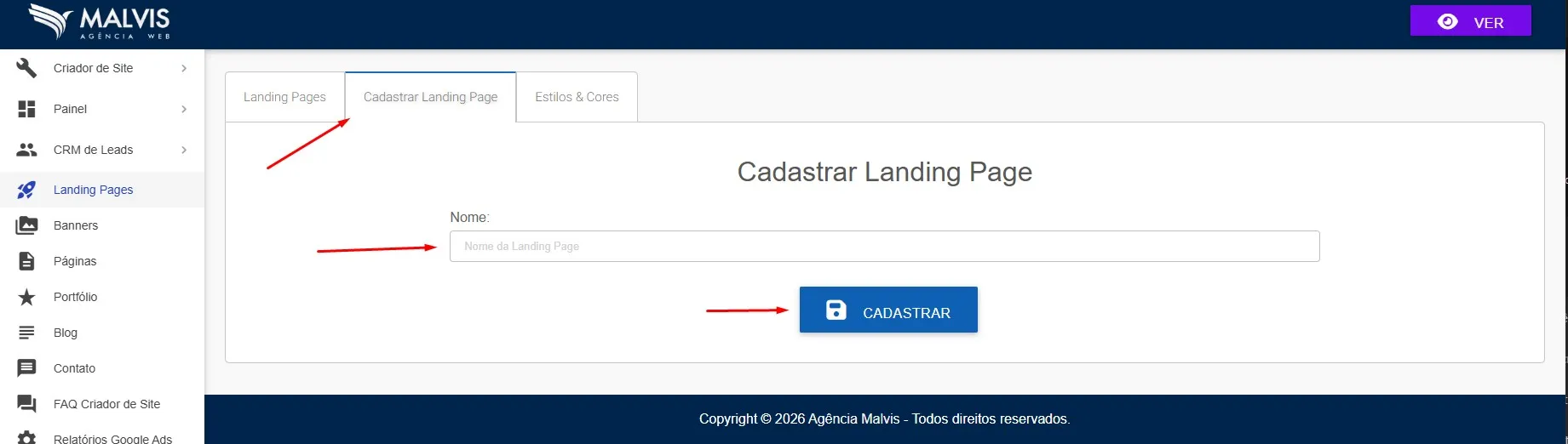 Tela para cadastrar uma nova Landing Page no Gerenciador Malvis