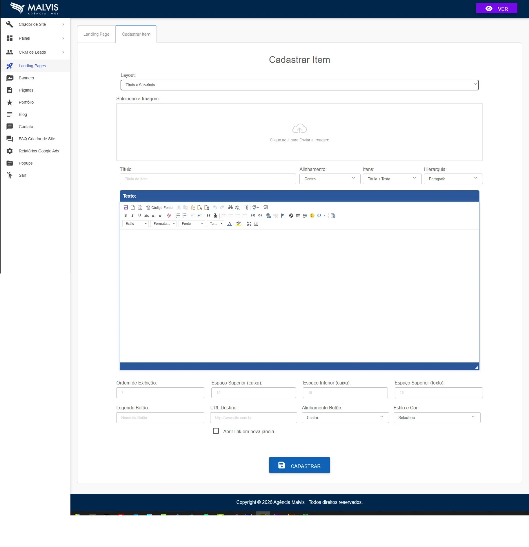 Formulário de cadastro de item (bloco) no Criador de Landing Pages Malvis