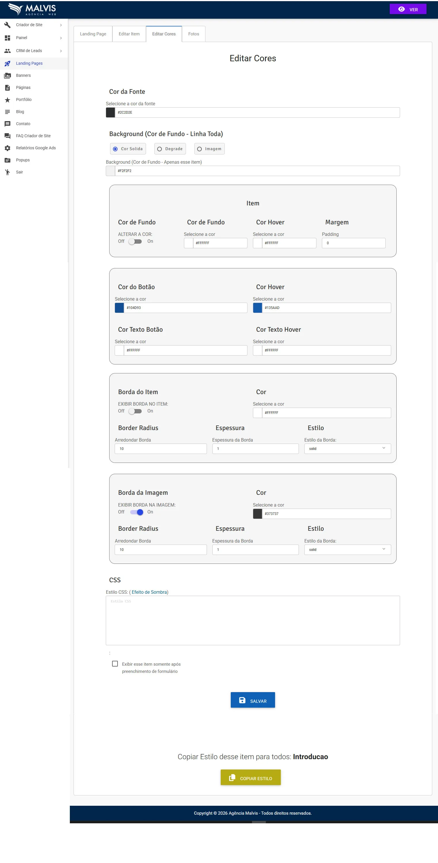 Aba Editar Cores para personalização individual de um bloco