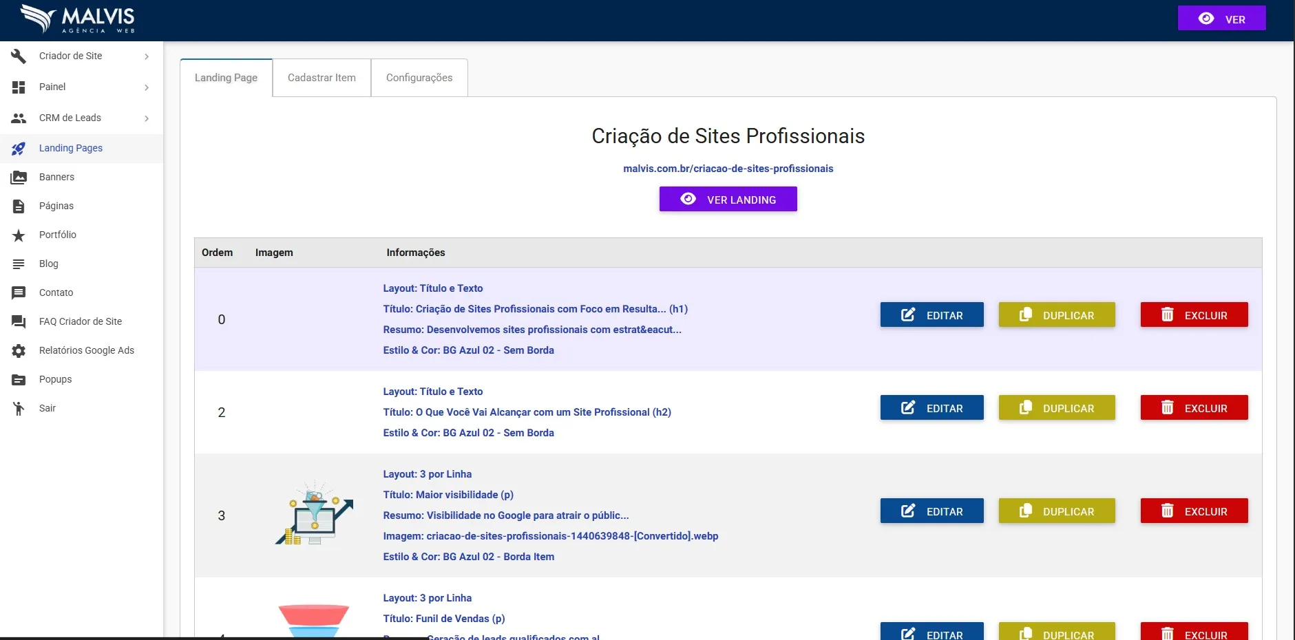 Editor da Landing Page com lista de blocos e botões de ação