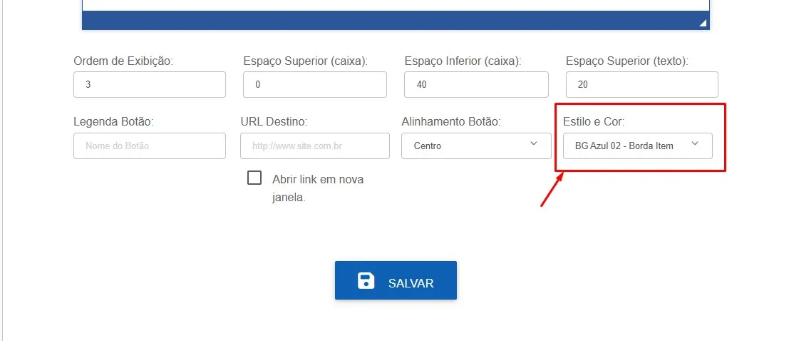 Campo Estilo e Cor dentro do cadastro/edição de item