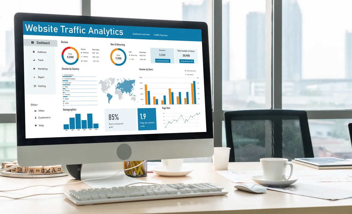 Painéis com métricas de site representando o Google Search Console