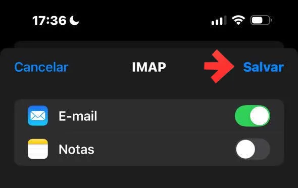 IMAP - ativar e-mail e tocar em Salvar
