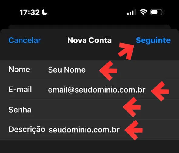 Nova Conta - preencher Nome, E-mail, Senha e Descrição