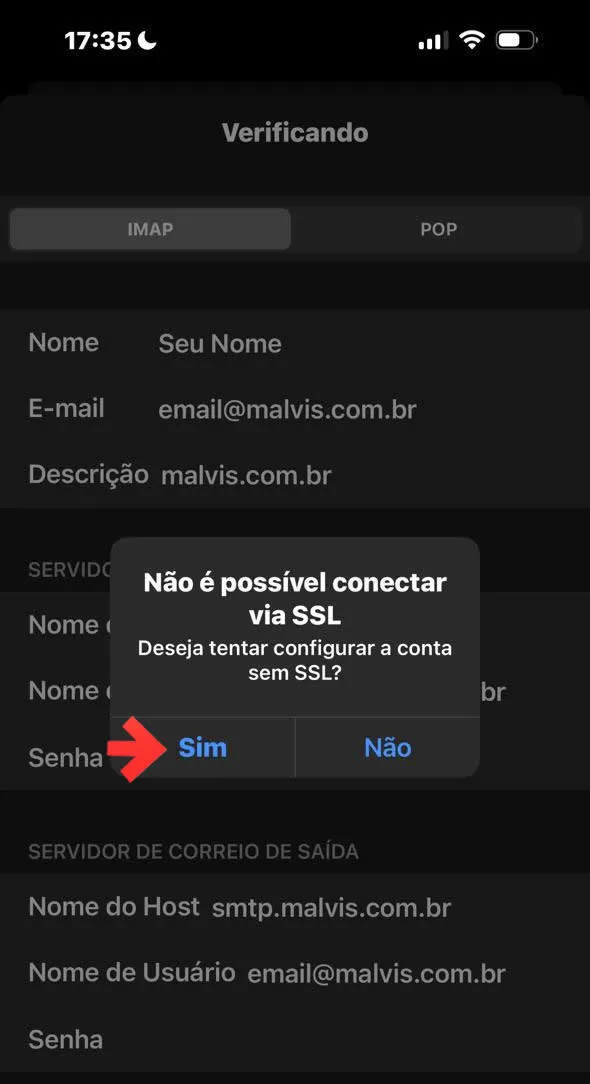 Aviso: Não é possível conectar via SSL - escolher Sim