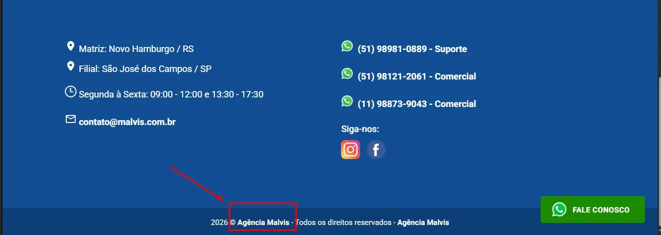 Acesso ao gerenciador clicando no nome da empresa no rodapé do site