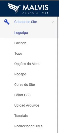 Submenu Criador de Site no gerenciador de conteúdo Malvis