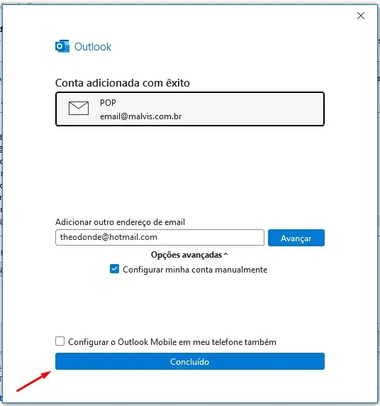 Outlook: conta adicionada com êxito