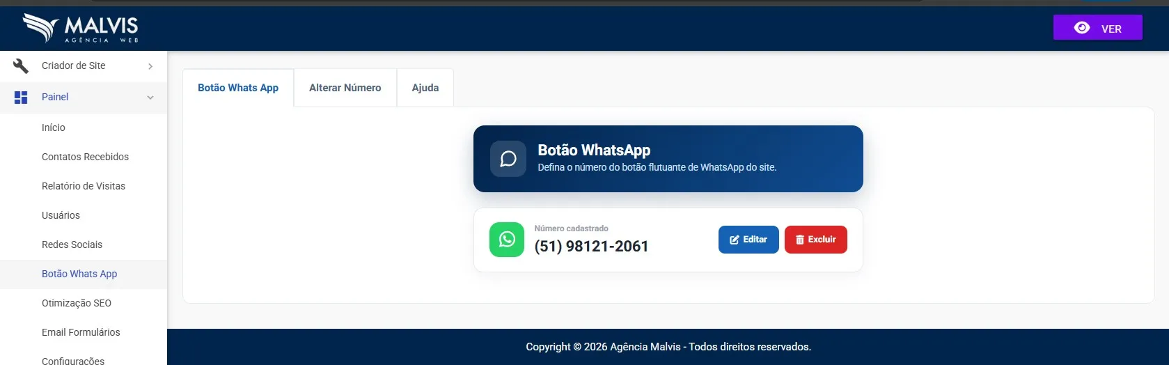 Tela do Botão WhatsApp no Painel do Criador de Sites Malvis, mostrando o número cadastrado com os botões Editar e Excluir ao lado