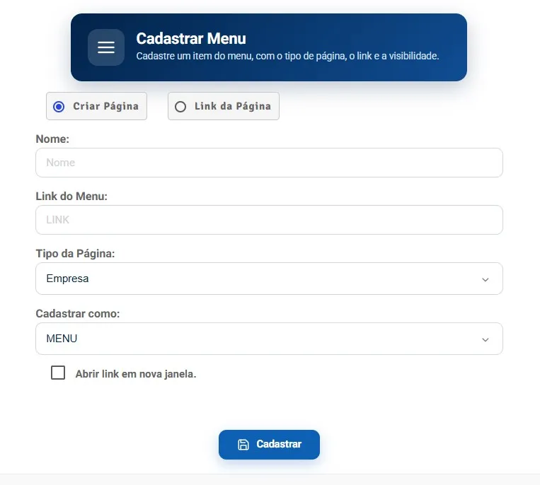 Tela de cadastro de item de menu, com as opções criar página ou link da página, e os campos nome, link, tipo de página e cadastrar como