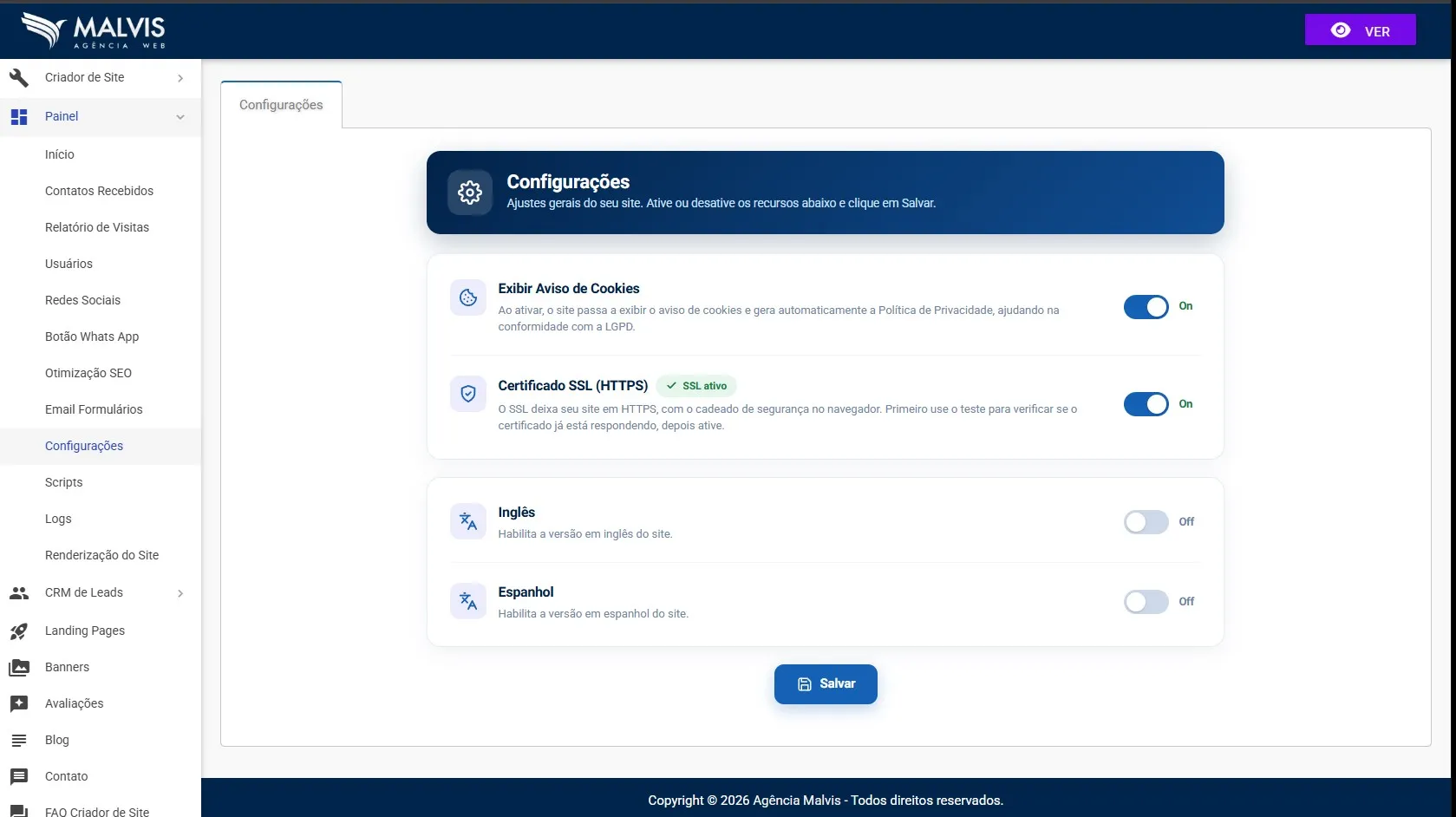 Tela de Configurações no Painel do Criador de Sites Malvis, com as chaves de Aviso de Cookies, Certificado SSL, Inglês e Espanhol