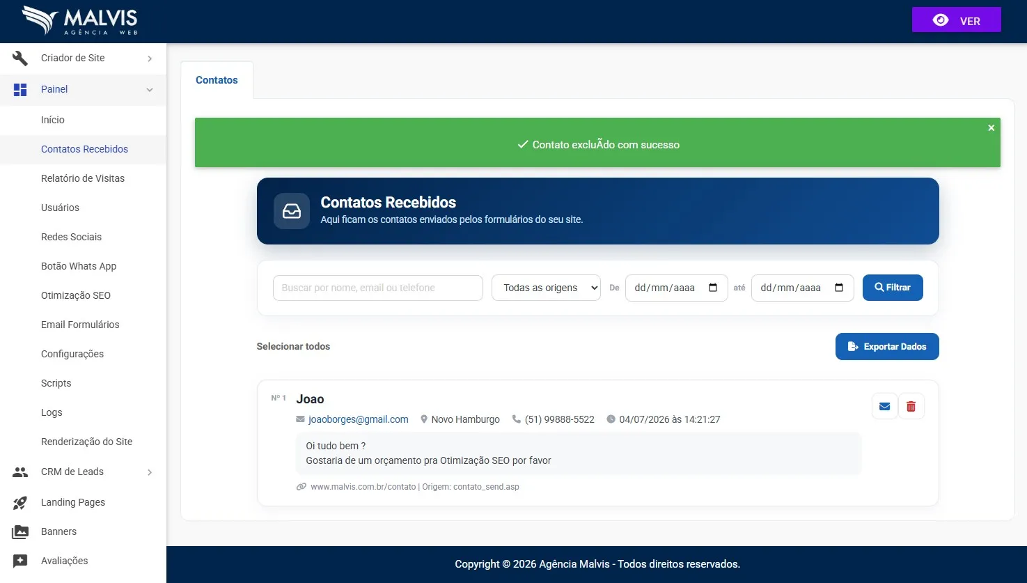 Tela de contatos recebidos no Criador de Sites Malvis, com os filtros, o botão exportar dados e um contato mostrando nome, email, telefone, mensagem e origem