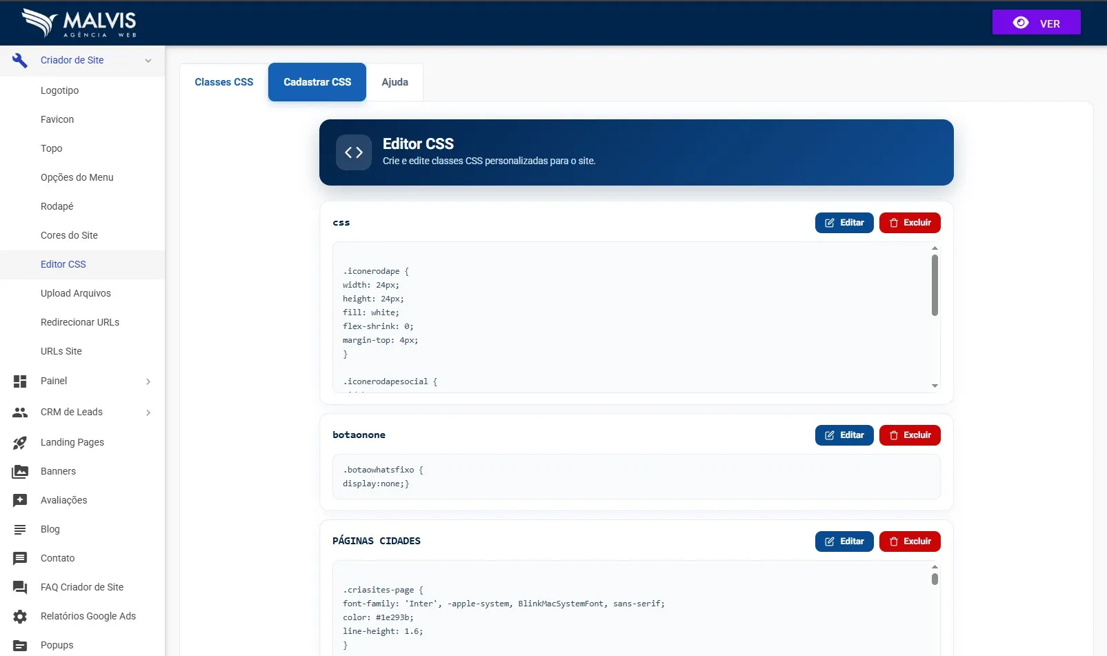 Tela do Editor CSS no Criador de Sites Malvis, mostrando a lista de estilos cadastrados, cada um com seu nome, o código CSS e os botões editar e excluir