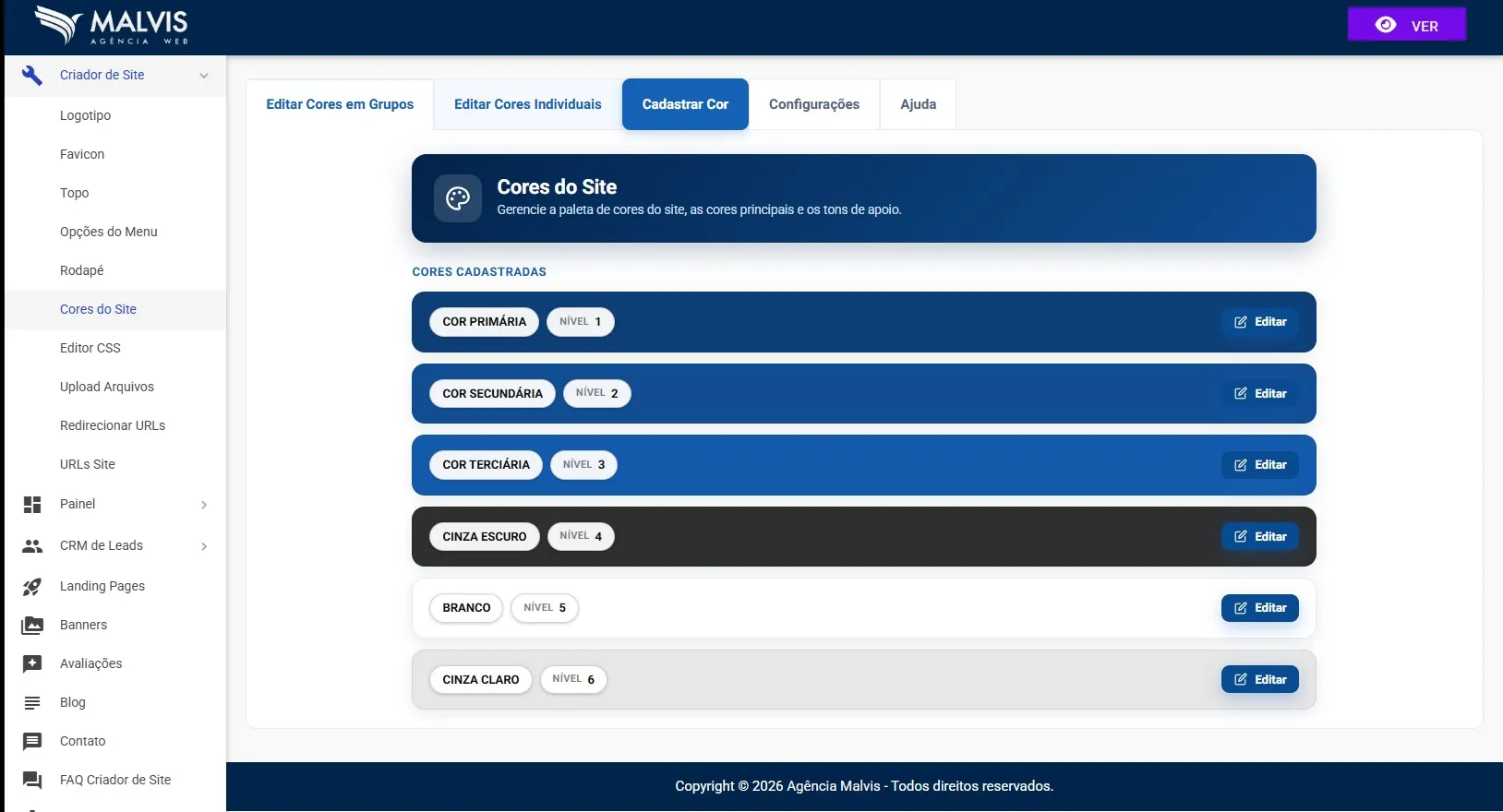 Tela de editar cores em grupos no Criador de Sites Malvis, com a cor primária, secundária, terciária e os tons neutros, cada um com botão editar