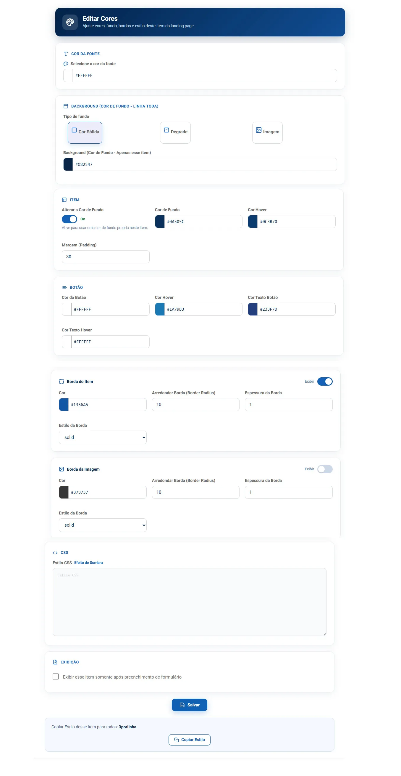Tela Editar Cores de um bloco individual, com cor da fonte, fundo, cores do item e do botão, bordas, CSS e a opção de copiar o estilo para os blocos do mesmo layout