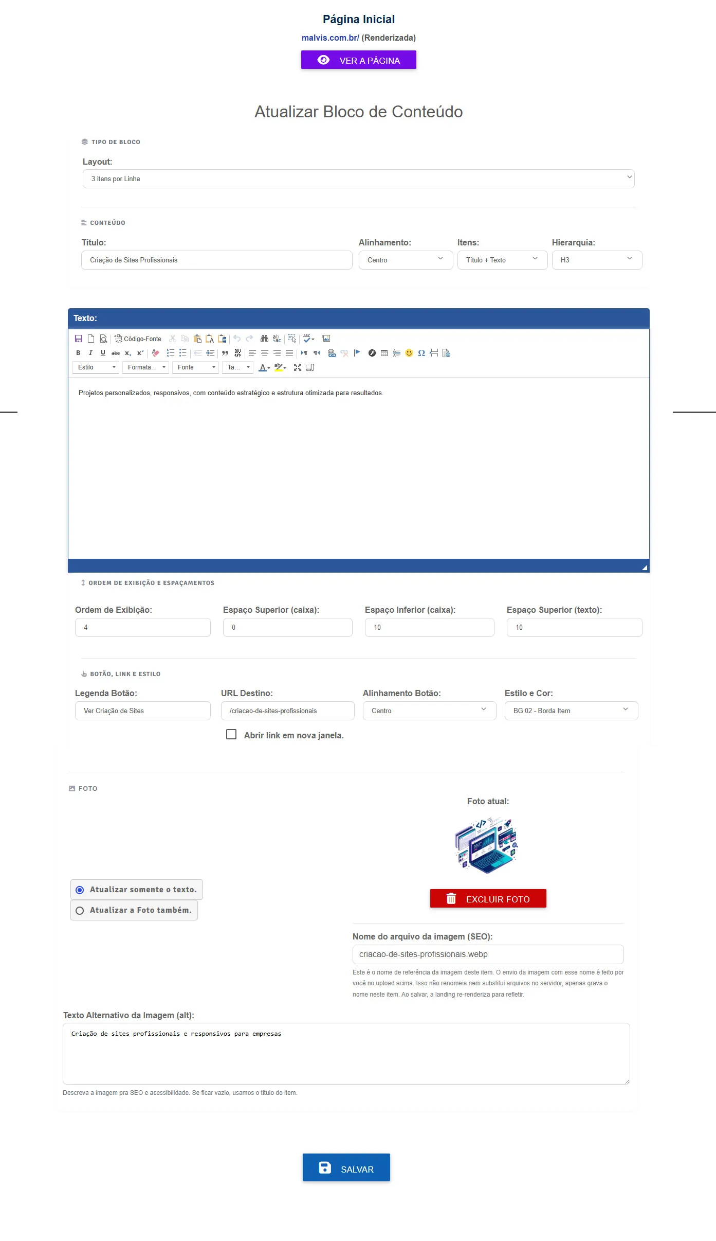 Formulário de atualização do bloco de conteúdo, com o layout, o título, o editor de texto, os espaçamentos, o botão com link e estilo, e a foto com nome de arquivo e texto alternativo