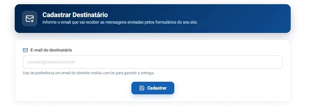 Tela Cadastrar Destinatário, com o campo do email do destinatário e o botão Cadastrar