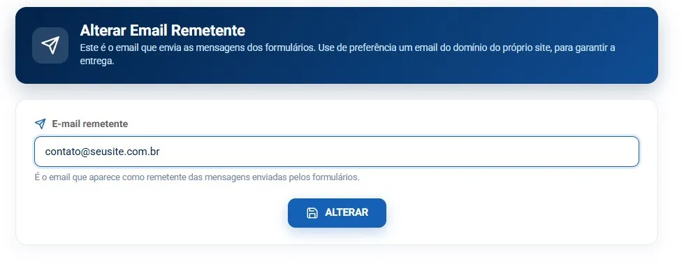 Tela Alterar Email Remetente, com o campo do email remetente e o botão Alterar