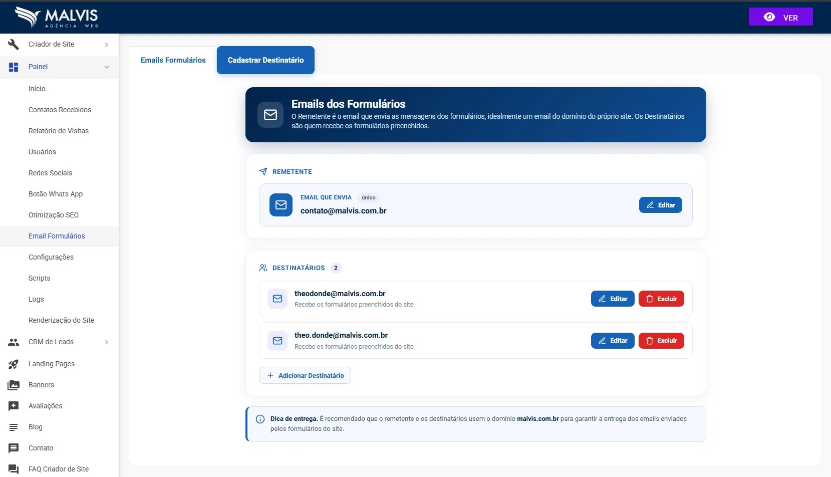 Tela de Emails dos Formulários no Painel do Criador de Sites Malvis, com a seção Remetente e a lista de Destinatários