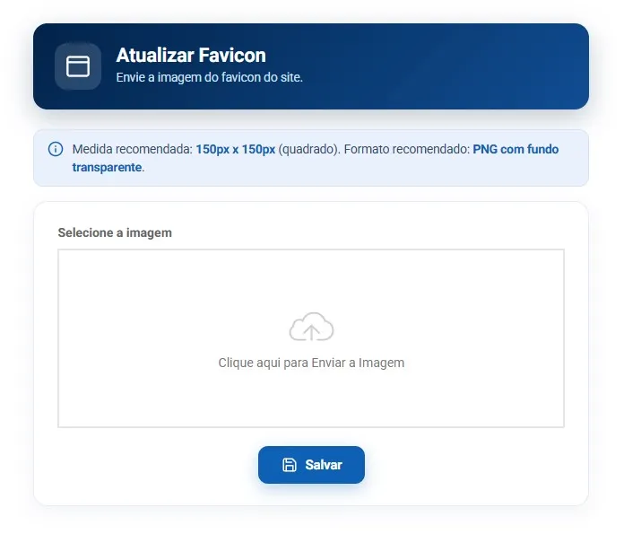 Tela de atualização do favicon, com a medida recomendada e a área para enviar a imagem