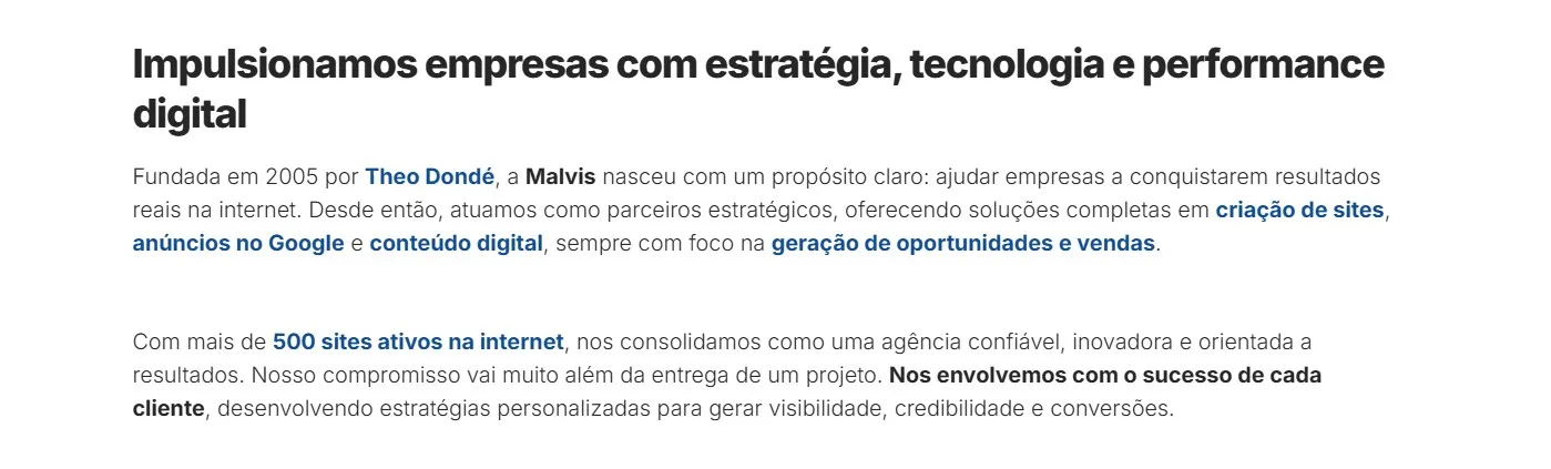 Exemplo do bloco Título e Texto, com um título de destaque e parágrafos de texto corrido apresentando a empresa