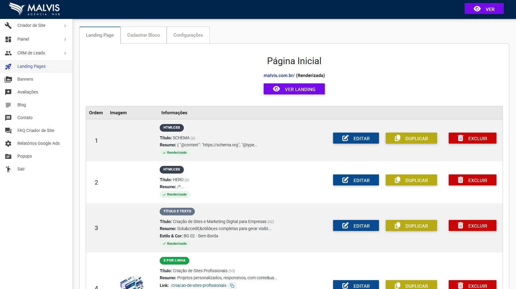 Lista de blocos de conteúdo de uma landing page no Criador de Sites Malvis, com a etiqueta do layout, o resumo de cada bloco e os botões Editar, Duplicar e Excluir